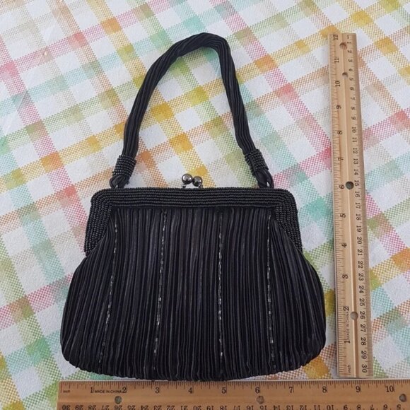 Jessica McClintock Black Beaded Evening Bag with Kiss Lock - Picture 6 of 10